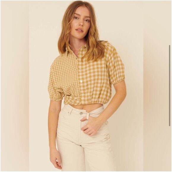 Promesa Women Carefree Gingham Top Large Cropped Button Up Patchwork Cottagecore - Picture 3 of 9